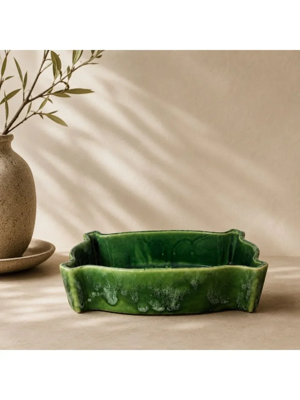 Vintage USA Green Glazed Ceramic Planter Scalloped Pottery Rectangular UPCO 295